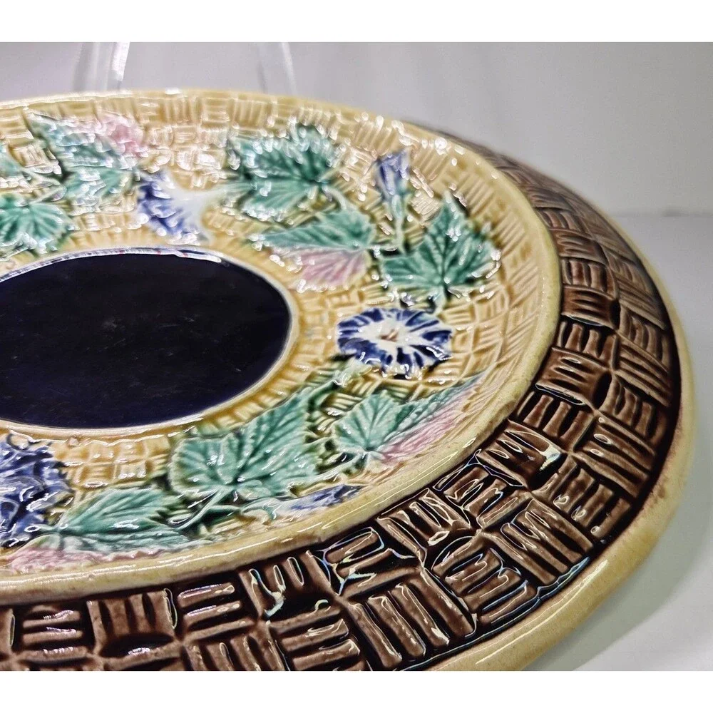 Antique Oval Majolica Basket Weave Footed Platter Floral Bread Bowl Cobalt 12¾